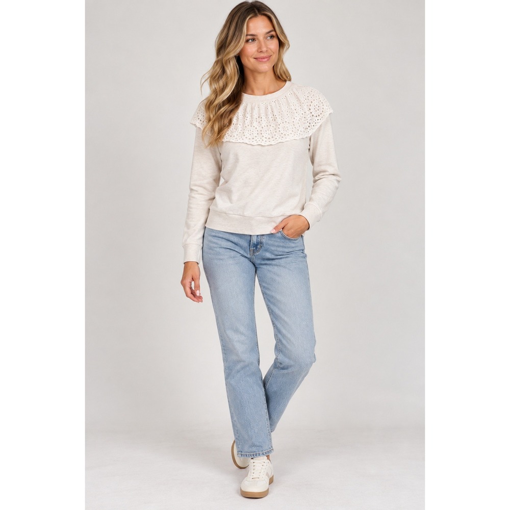Banana Republic Sweatshirt Womens XS Cottagecore Eyelet Lace Collar Oatmeal